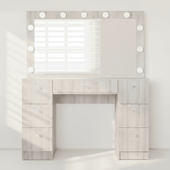 Ember Interiors Tammy Modern Large Greige Makeup Vanity Desk with Built-in Lights and Power Outlet