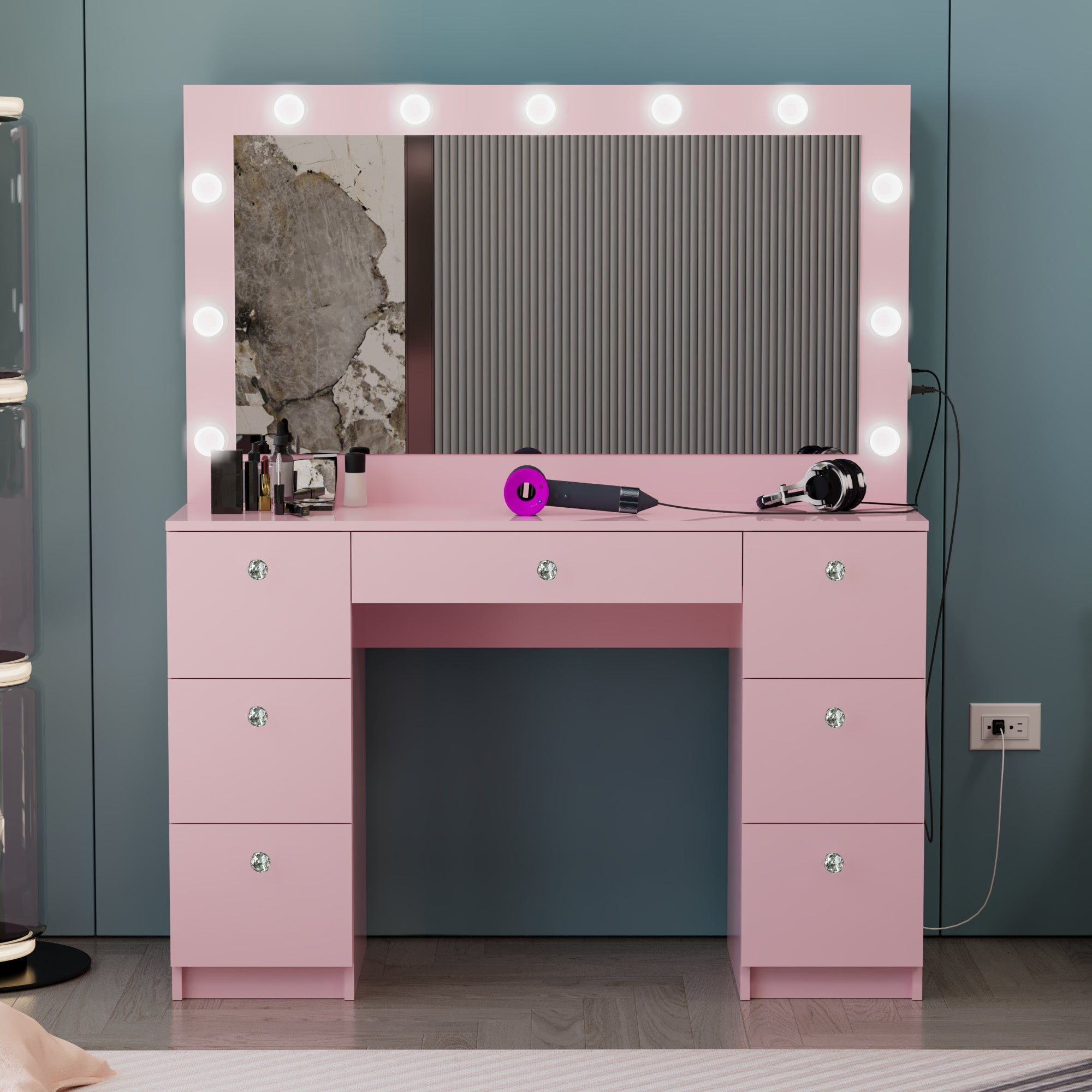 Ember Interiors Tammy Modern Large Pink Makeup Vanity Desk with Built-in Lights, Power Outlet with USB Type-C, 7 Drawers and Crystal Knobs