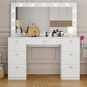 Ember Interiors Makeup Vanity with Mirror, Built-In Lights,7 Drawers, Crystal Knobs, Black