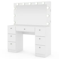 Ember Interiors Tammy White Vanity Desk with Mirror, Lights, Bluetooth Speakers & Storage