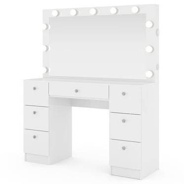 Ember Interiors Tammy White Vanity Desk with Mirror, Lights, Bluetooth Speakers & Storage