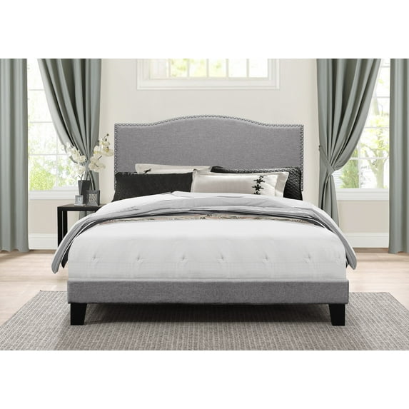 Ember Interiors Upholstered Arched Bed with Nailhead Trim, Glacier Gray, Queen