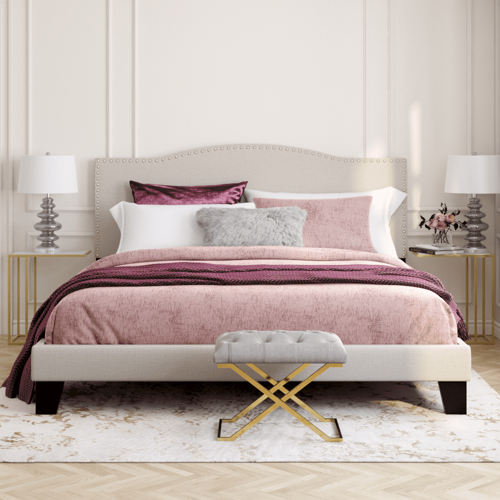 Ember Interiors Upholstered Arched Bed with Nailhead Trim, Linen, King