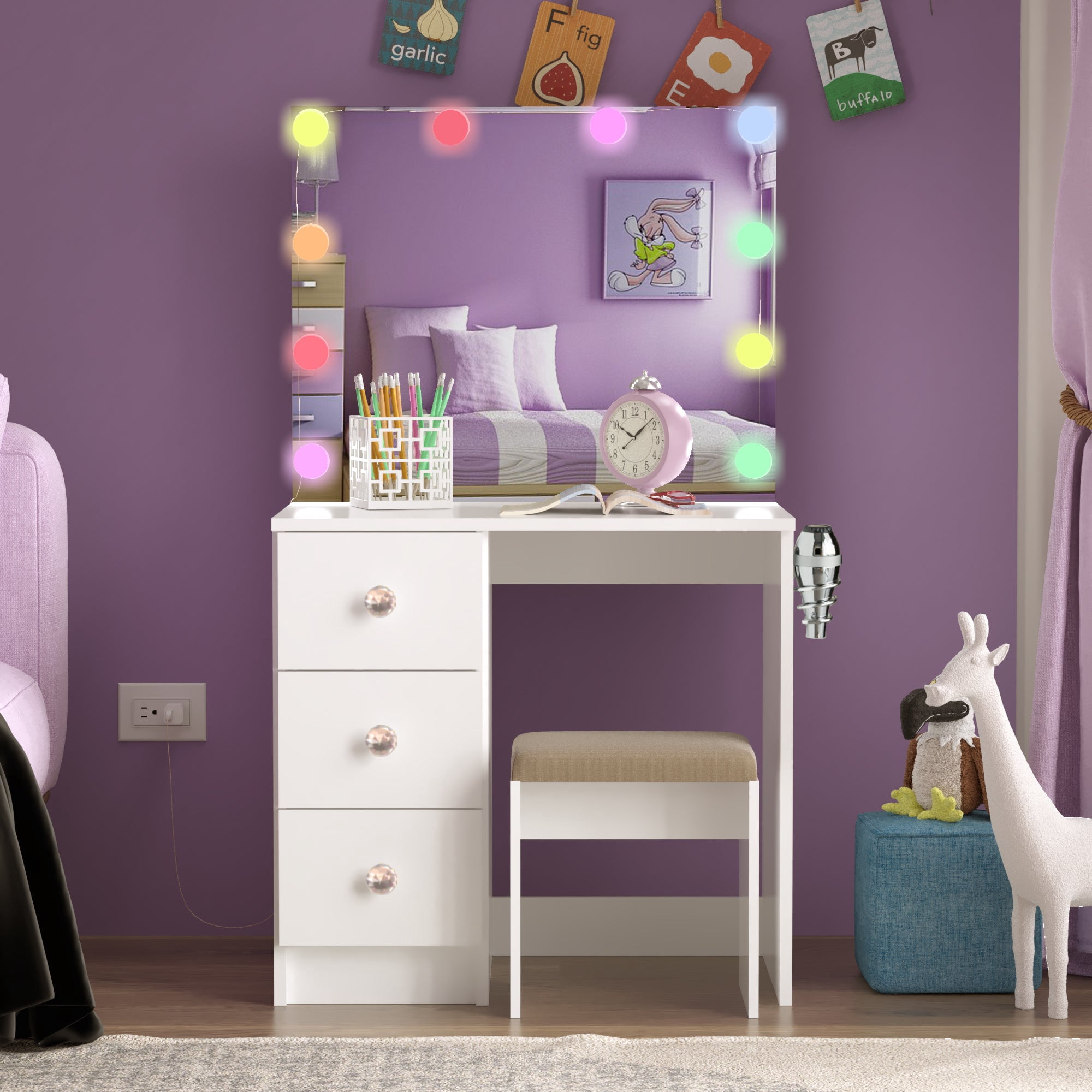 Ember Interiors Vanity Desk for Kids with Mirror,3 Drawers, Lights, Chair, Rose Gold Crystal Ball Knobs, White