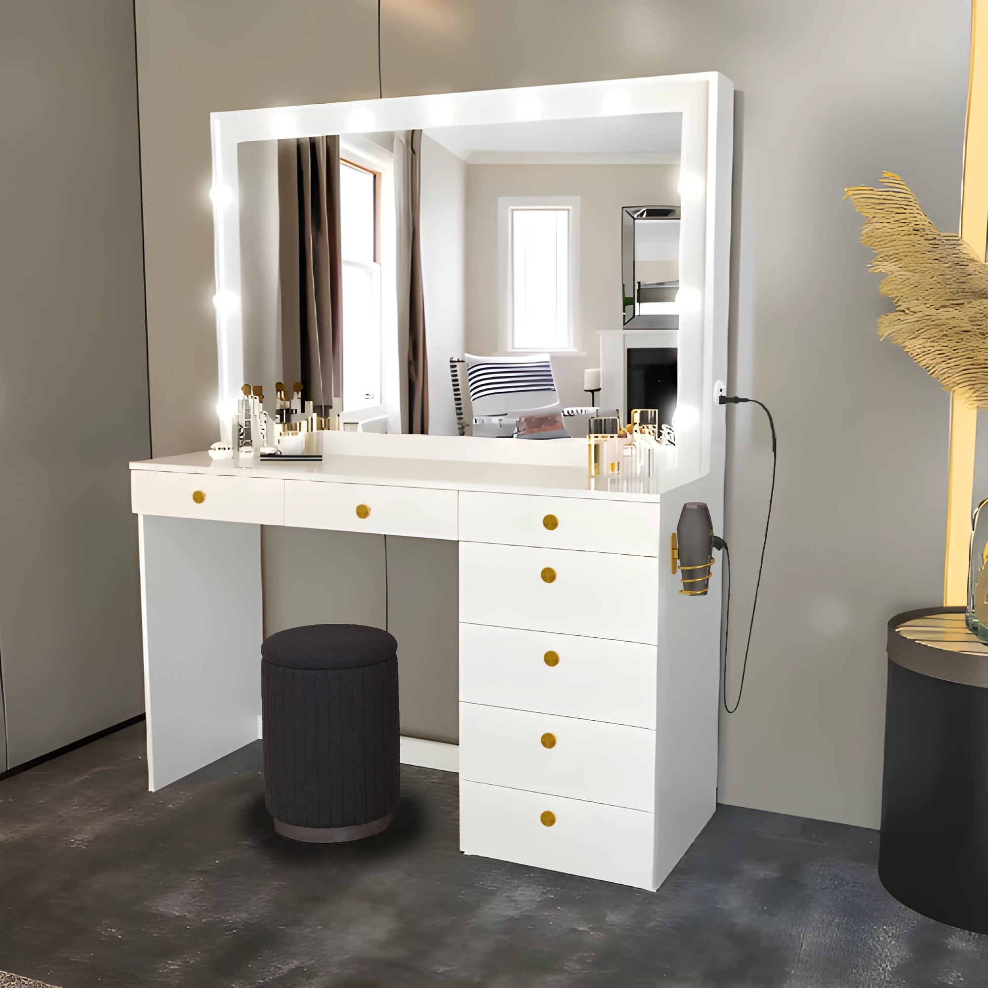 Ember Interiors White Vanity Desk Set with Drawers, Mirror, Lights, Crystal Ball Knobs, Black Ottoman Stool with Storage