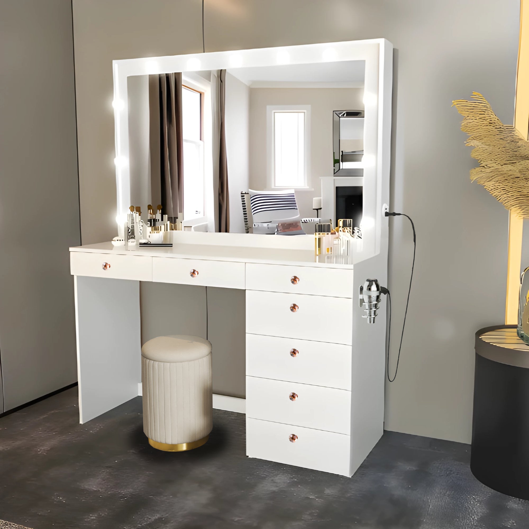 Ember Interiors White Vanity Desk Set with Drawers, Mirror, Lights, Rose Gold Crystal Knobs, White Ottoman Stool with Storage