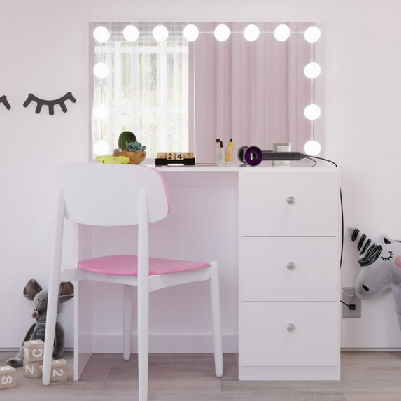 Ember Interiors White Vanity Desk for Kids with Mirror, 3 Drawers, and Add-On Lights