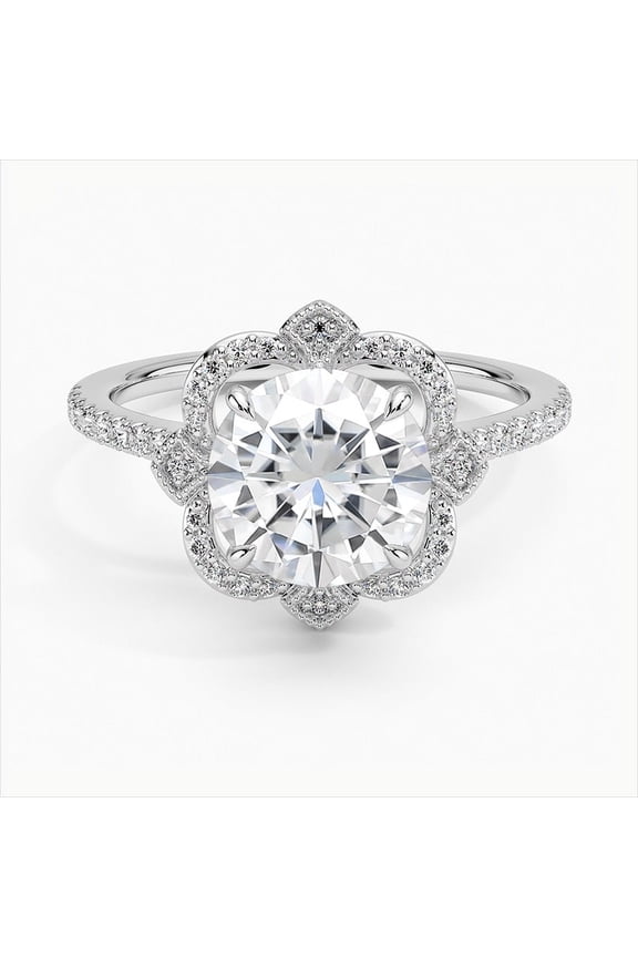 1.7 Ct Moissanite Ring - 14K White Gold Plated Ring - Round Cut Secret Halo Engagement Ring for Women - Gift for Her - Celebrate Your Love with a Dazzling Design