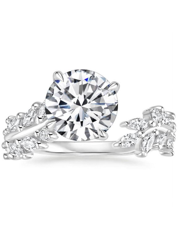 1.8 Ct Round Cut Lab-Created Simulated Diamond Cuff Wedding Ring 14K White Gold Plated, Leafy Engagement Ring for Women