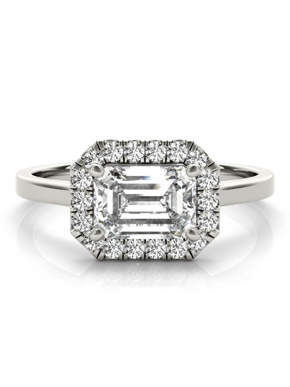 2.1 Ct Excellent Emerald Cut Floral Halo Lab-Created Simulated Diamond Engagement Ring 14K White Gold Plated with Solitaire Accent