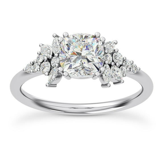 Ember Jewel Graduated Mixed-Shape Moissanite Engagement Ring - 1.9 Ct Cushion Cut Moissanite Solitaire Design in 14K White Gold Plated Jewelry - Specially Crafted Jewelry for Her Collection