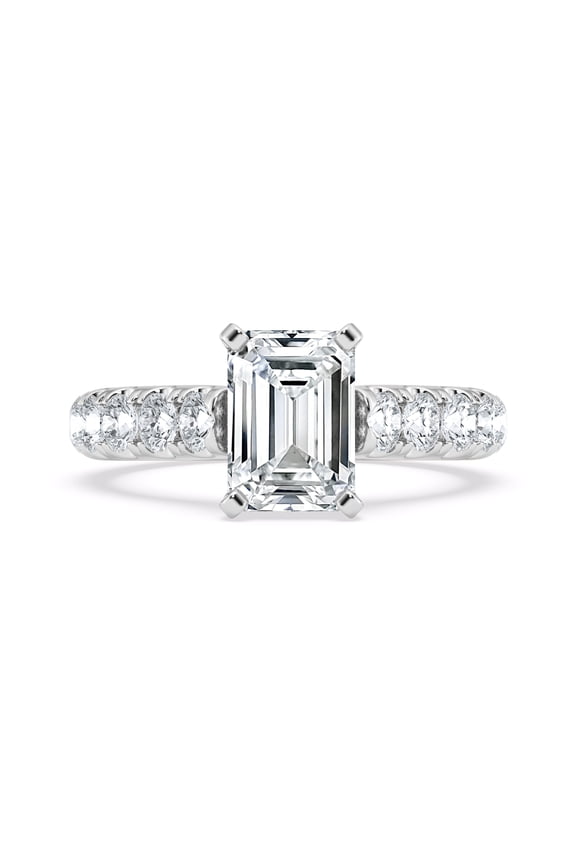 Hidden Halo Cathedral Pave Engagement Ring for Women - 2.1 Ct Emerald Cut Moissanite Ring - 14K White Gold Plated Metal - Sparkling Bridal Jewelry for Wedding Rings