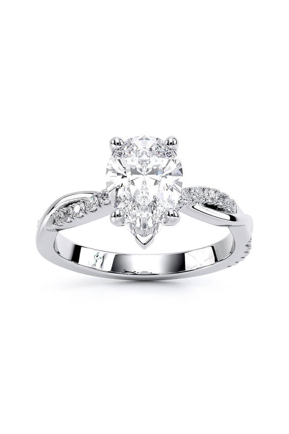 Pear Cut Solitaire with Accent Rings - 1.7 Ct Moissanite Engagement Ring for Women - Twisted Shank 14K White Gold Plated Classic Wedding Promise Ring - Perfect Gifts