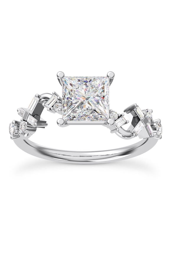 Princess, Round And Baguette Moissanite Ring for Women's - 1.7 Ct Stone Engagement Jewelry - White Gold Over 14K Winding Bridal Ring - Wedding Gifts for Sister