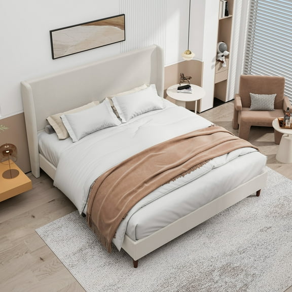 Ember King Size Platform Bed Frame with Chenille Upholstered Headboard, No Box Spring Needed, Beige