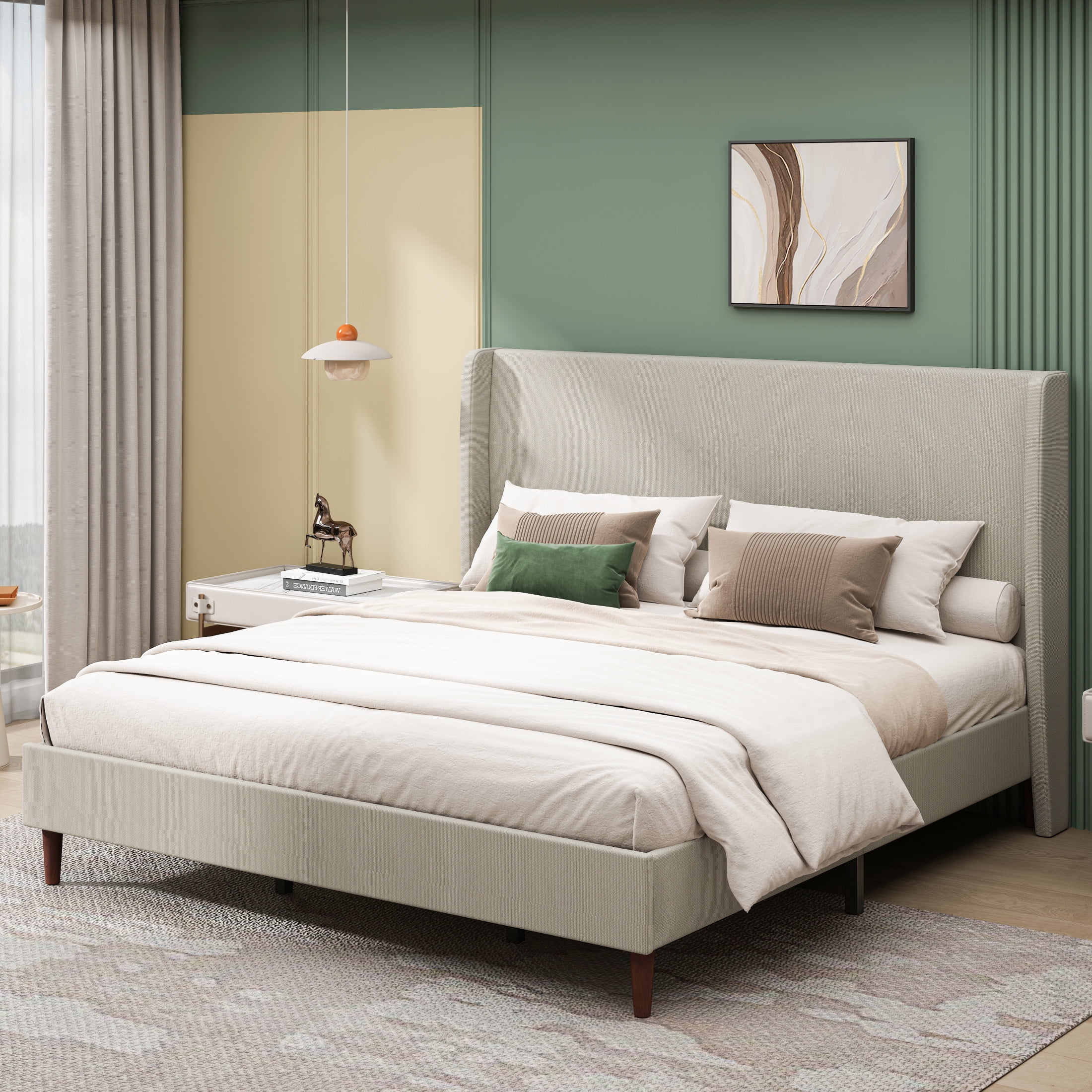 Ember King Size Platform Bed Frame with Linen Upholstered Headboard, No Box Spring Needed, Beige