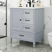 Ember Modern Bathroom Vanity with Ceramic Sink, Cabinet, Drawers, Solid Wood Legs, Grey + Black