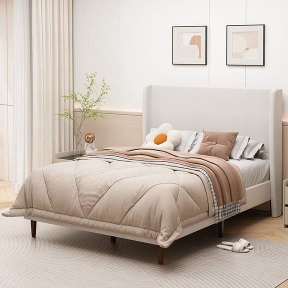 Ember Queen Size Platform Bed Frame with Chenille Upholstered Headboard, No Box Spring Needed, Beige
