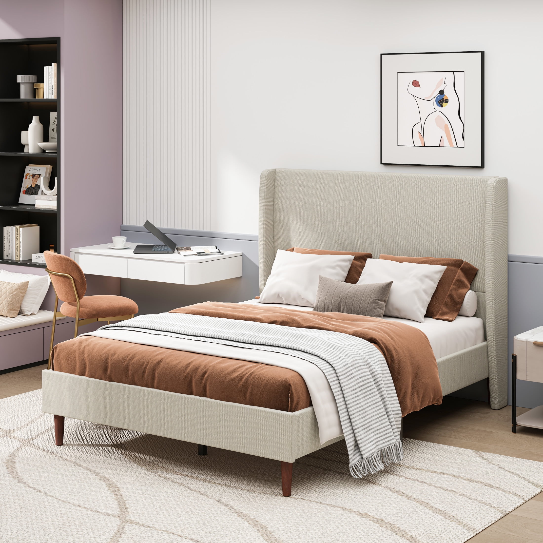 Ember Queen Size Platform Bed Frame with Linen Upholstered Headboard, No Box Spring Needed, Beige