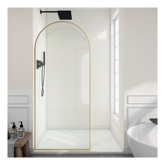 Ember Series 78 in. x 34 in. Framed Arch Fixed Shower Screen Door in Brushed Gold with 8mm Tempered Clear Glass