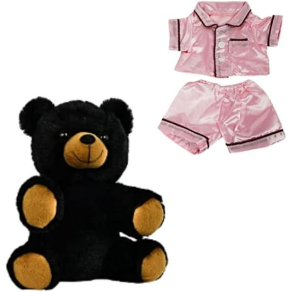 Ember the Black Bear with 8 inch Pink Satin PJ's Soft & Cuddly Plush Bear for Kids Gift for Holidays Birthdays and Cozy Playtime