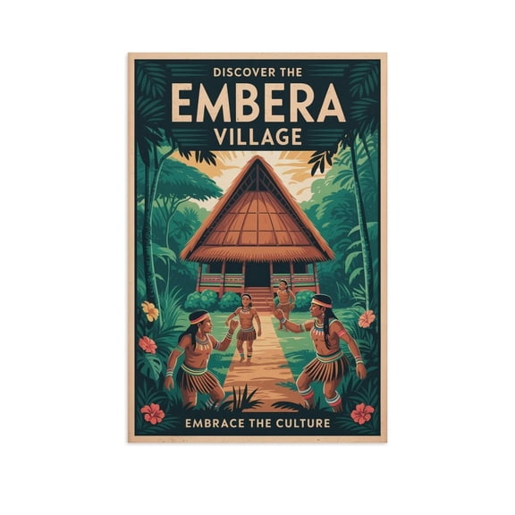 Embera Classic Poster Retro Cityscape with Traditional Huts & Jungle Views Print Poster