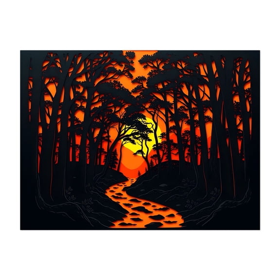 Emberglow Forest - Illustration Forest Sunset Silhouette Nature Scenic Woodland Mystical Unframed Wall Art Print 5 x 7 inches