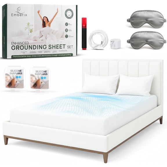 Emberix Grounding Sheets Queen Size 12% Pure Silver Fiber & 88% Organic Cotton Earthing Fitted Sheet for Better Sleep, Soft Breathable Conductive Grounding Bed Sheet with Grounding Cord - White
