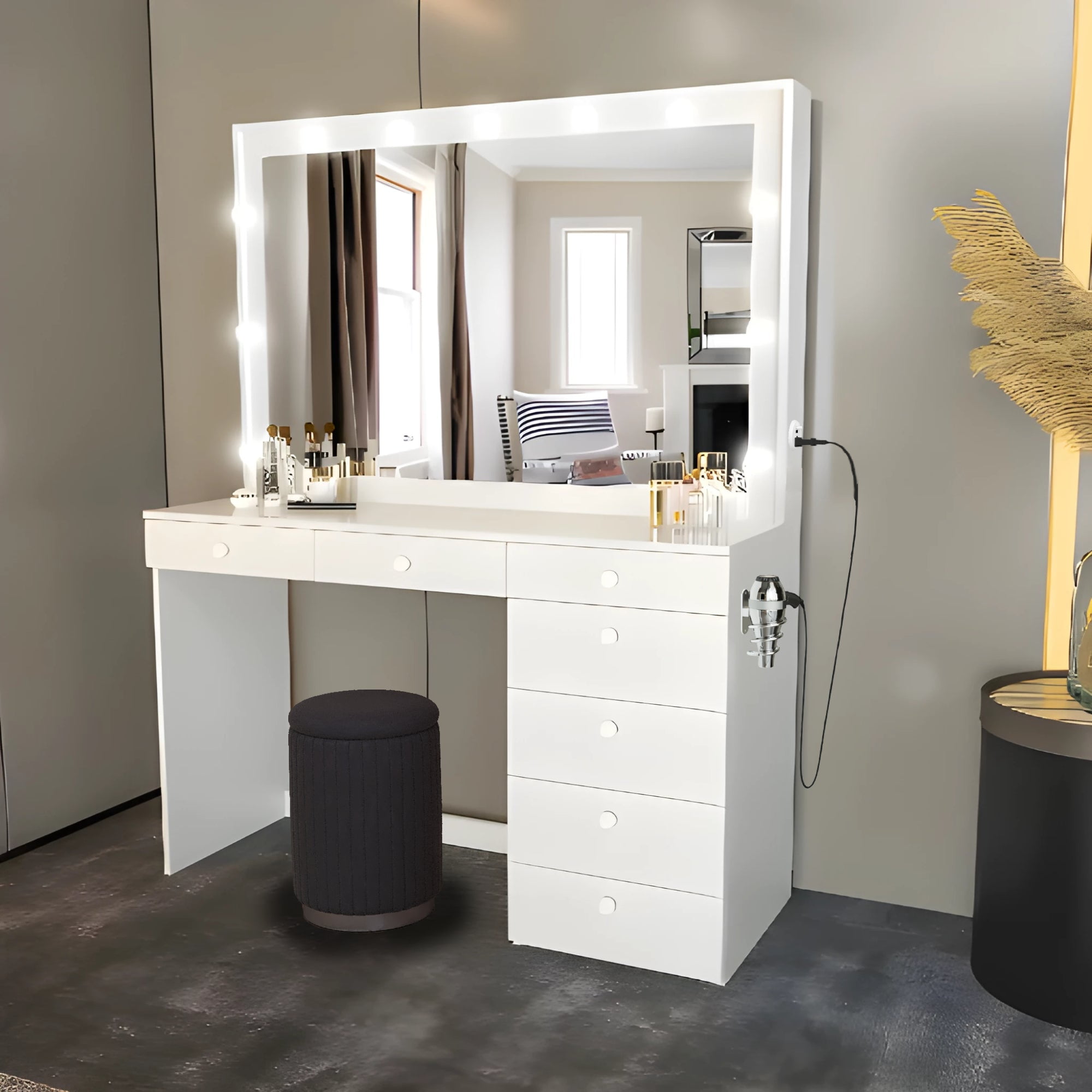 Embers Interiors White Vanity Desk Set with Drawers, Mirror, Lights, Basic Knobs, Black Ottoman Stool with Storage
