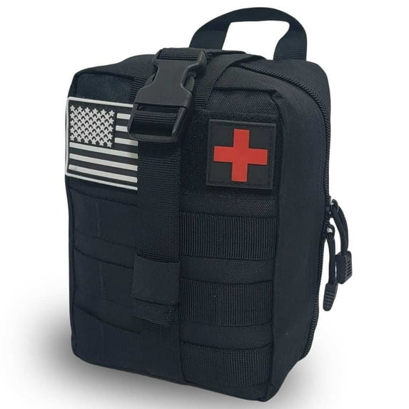 Emblem OD 242 Piece Survival First Aid Kit with Tourniquet | MOLLE Pouch with Paracord | Camping Hunting Hiking and Emergency Preparation | Survival Gear | Car First Aid Kit | Black