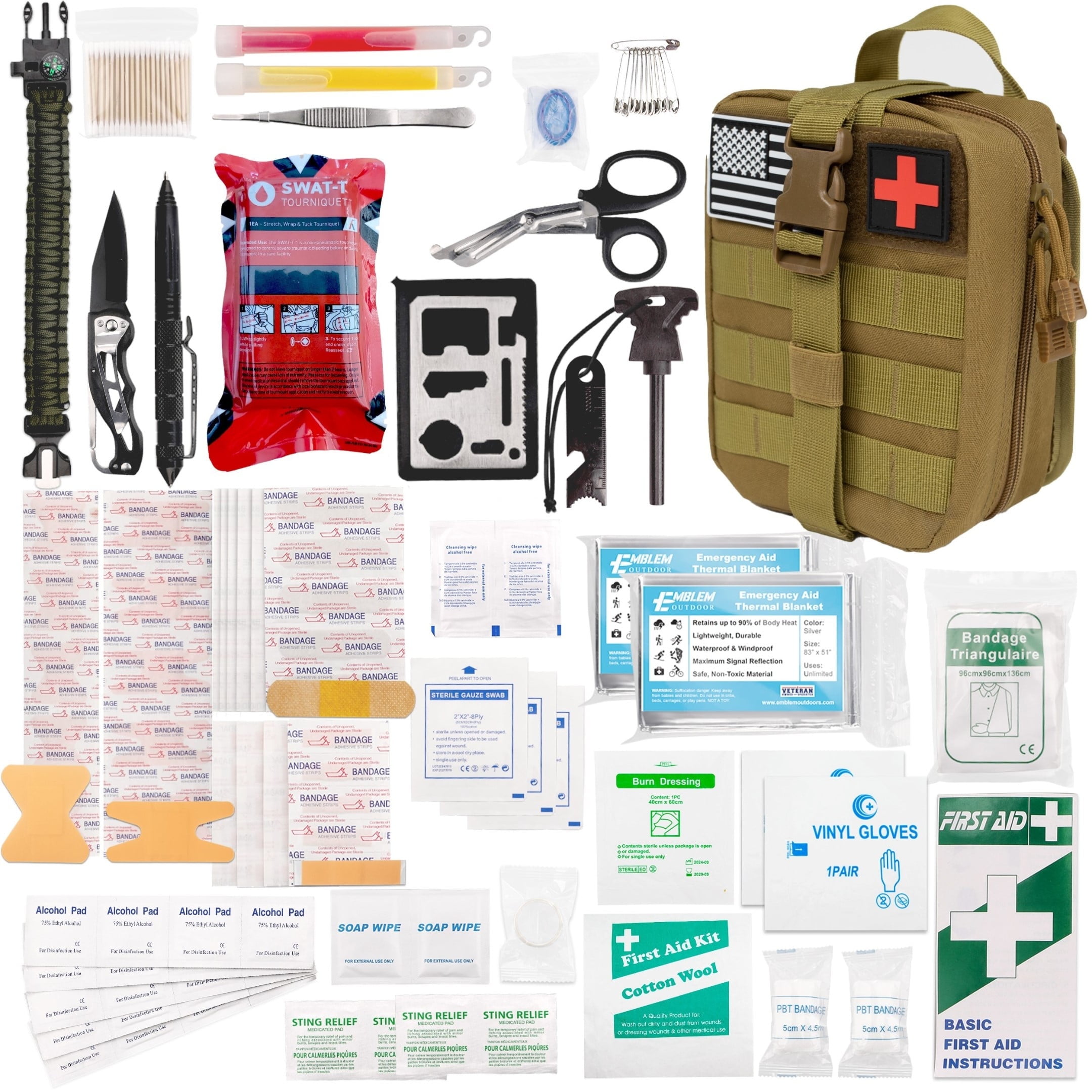 Emblem OD 242 Piece Survival First Aid Kit with Tourniquet | MOLLE Pouch with Paracord | Camping Hunting Hiking and Emergency Preparation | Survival Gear | Car First Aid Kit | Tan