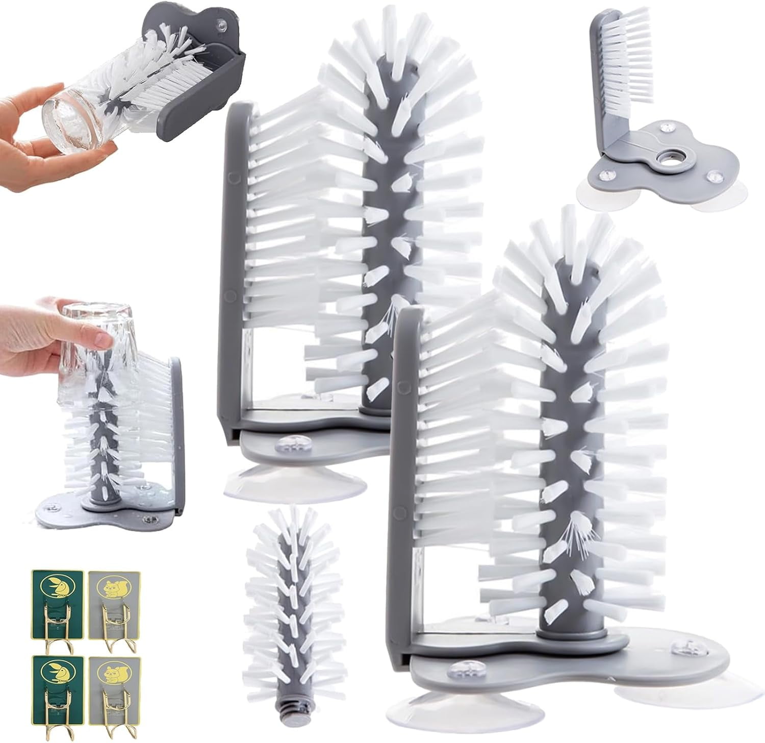 2 Pack Water Bottle Cleaning Brush With Suction Base, 3 Head Bristle