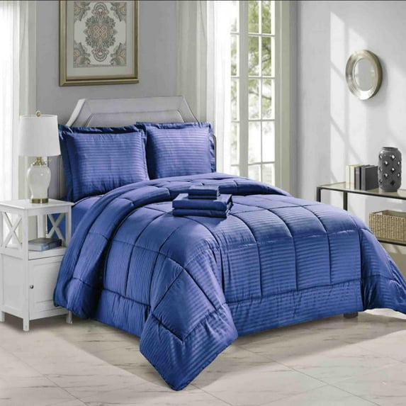 Embossed 8-Pieces Stripe All Season Ultra Soft High Quality Microplush Comforter Set, King, Navy