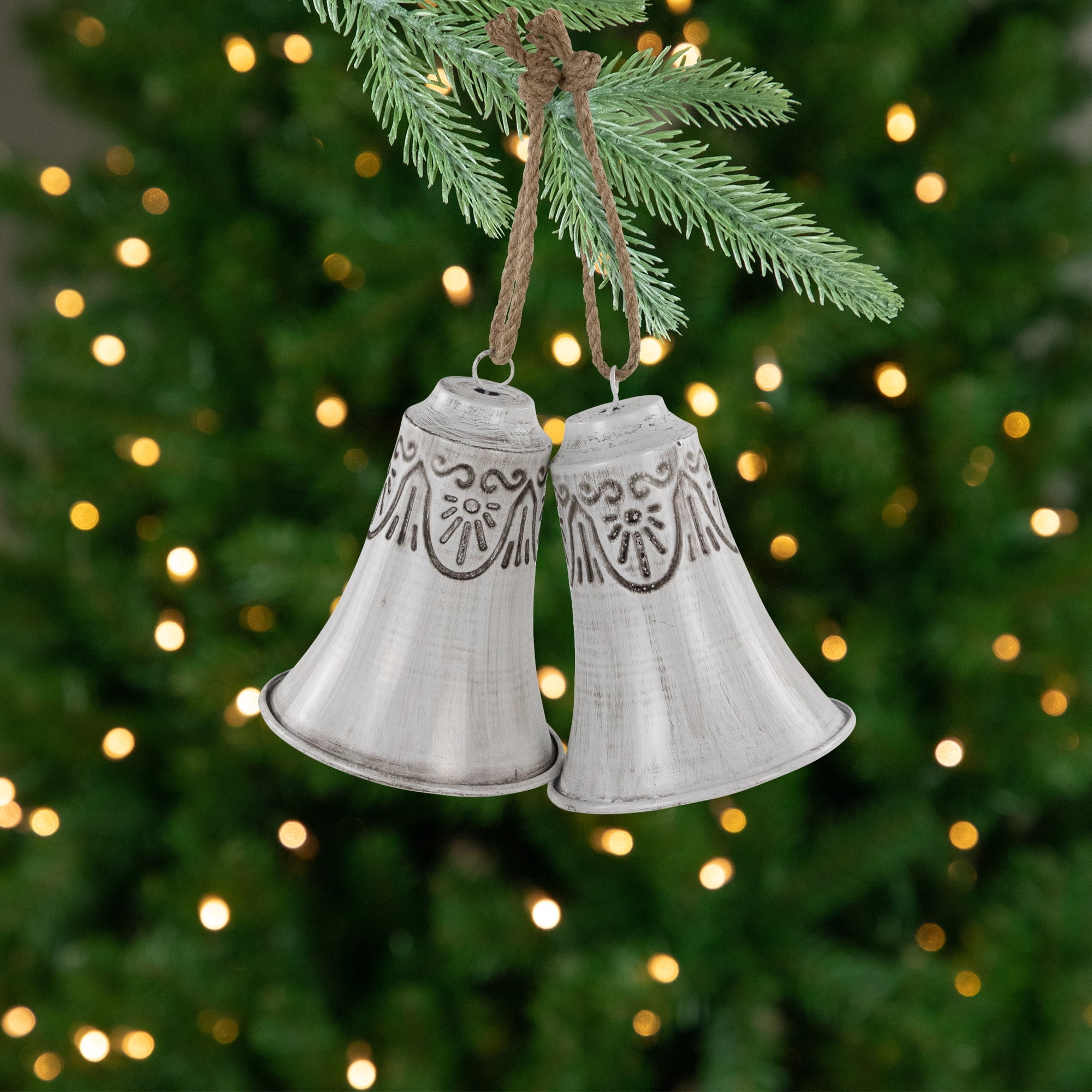 Northlight Embossed Bells Christmas Ornaments - 6" - Gray and White - Set of 2