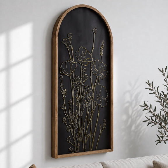 Embossed Black Gold Arched Floral Wall Art, Large 3D Metal Framed Botanical Wall Decor 20x43 Coastal Boho Tall Narrow Wall Art for Living Room Bathroom Bedroom Farmhouse Neutral Decor
