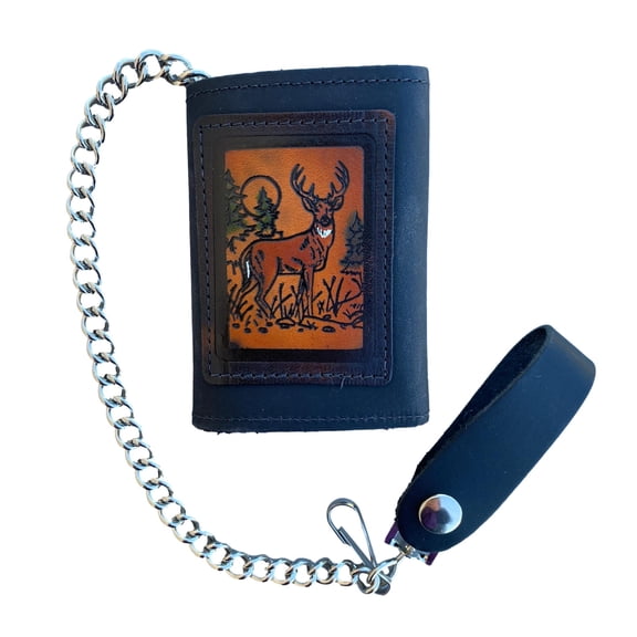 Embossed Black Leather Trifold Men's Wallet with Chain - Deer