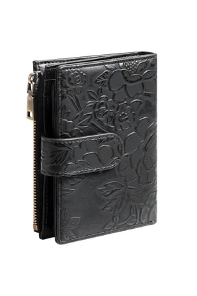 Embossed Black PU Leather Trifold Wallet for Women, RFID Blocking Short Purse with Card Slots, Coin Pocket, Buckle Closure, Metallic Zipper, Credit Card Holder