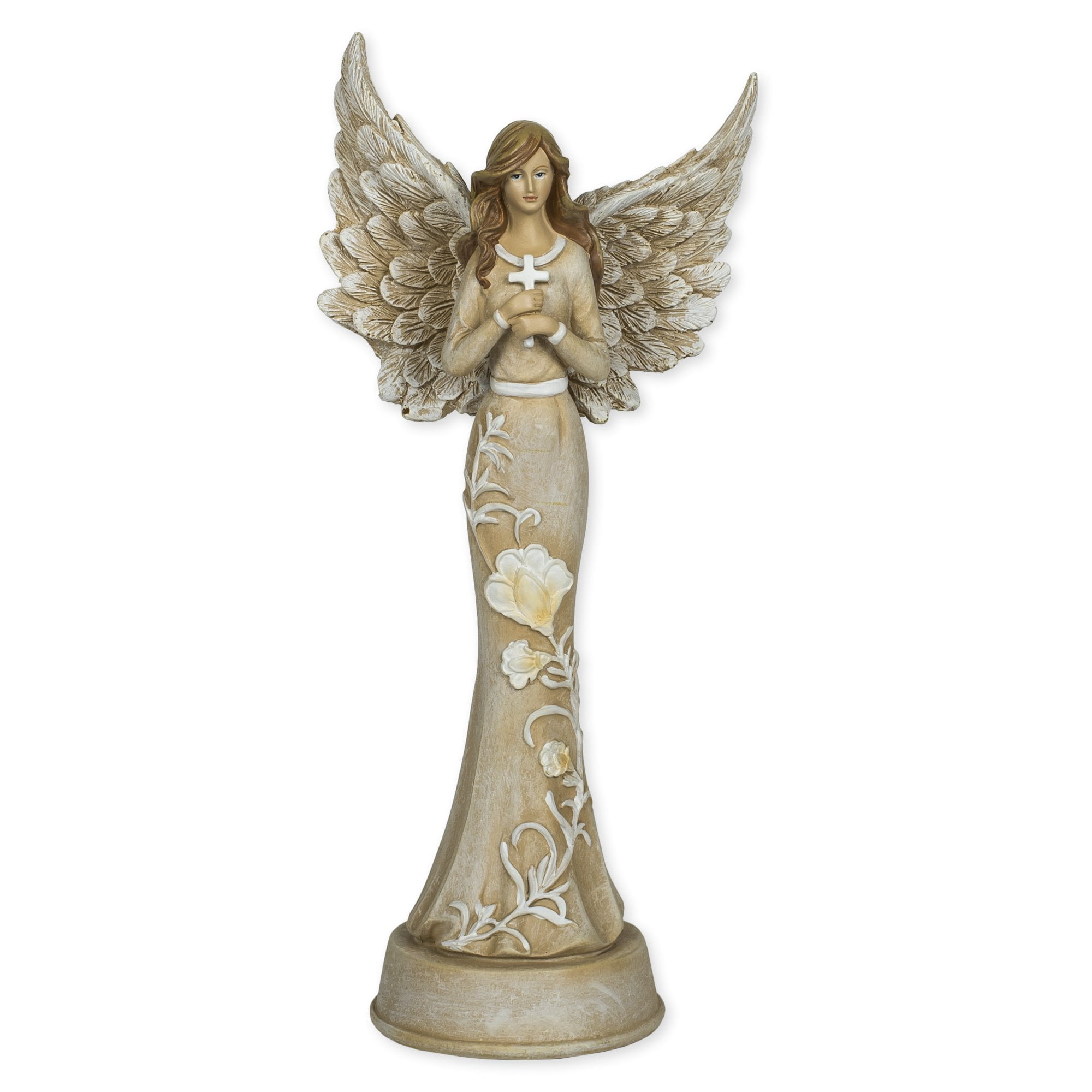 Painted Resin Angel Figurine with Flowers, 11 Inches