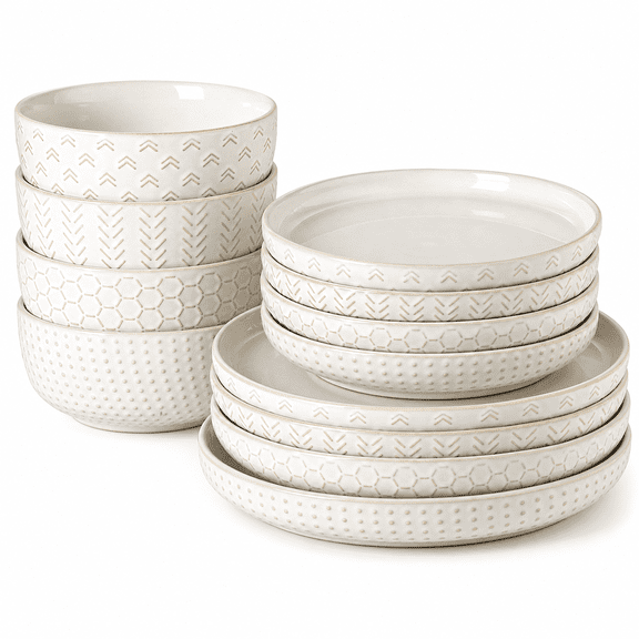 Embossed Boho Ceramic Dish Set Service for 4-12Pcs