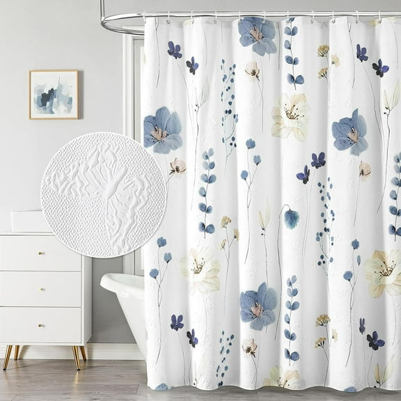 Embossed Butterflies Bathroom Curtain, Watercolor Green Blue Leaves Minimalist Cloth Bath Curtain, Waterproof Fabric Greenery Shower Curtain Set with Hooks