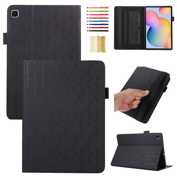 Embossed Case for Samsung Galaxy Tab S6 Lite 10.4" 2020 / 2022 / 2024, Auto Sleep/Wake Bussiness Premium PU Leather Folio Stand Cover Flip Shell with Card Slots & Elastic Band & Pencil Slot - Black