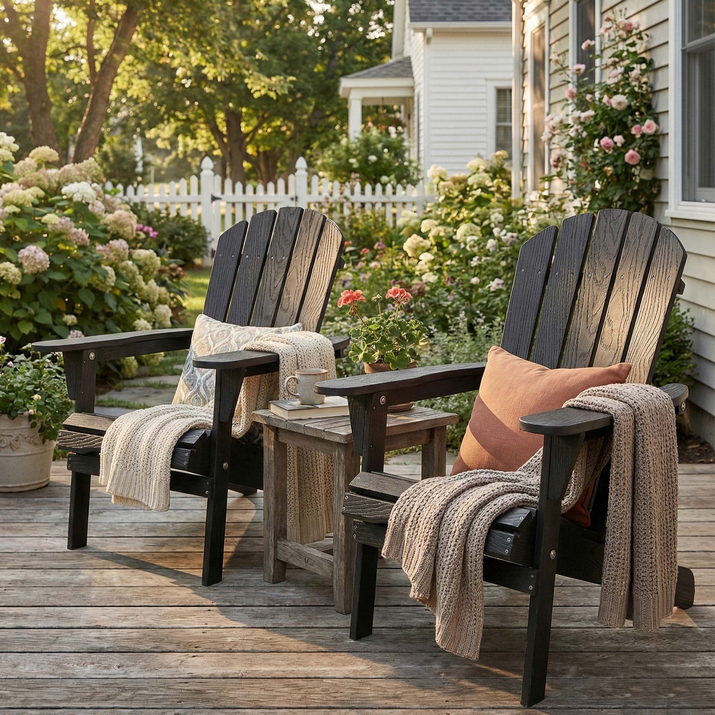 Embossed Cedar Wood Folding Adirondack Chair Set of 2, Outdoor Wooden Lounge Patio Chair with Smooth Finish, Foldable Garden Chair for Lawn Backyard, Black