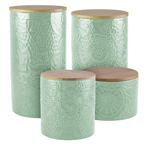 Embossed Ceramic Canister Set With Wooden Lids 4-Piece Standard Sage Green