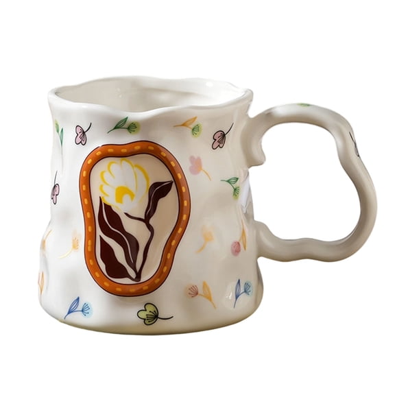 Embossed Ceramic Mug Floral Coffee Cup with Unique Handle for Home - 16 oz