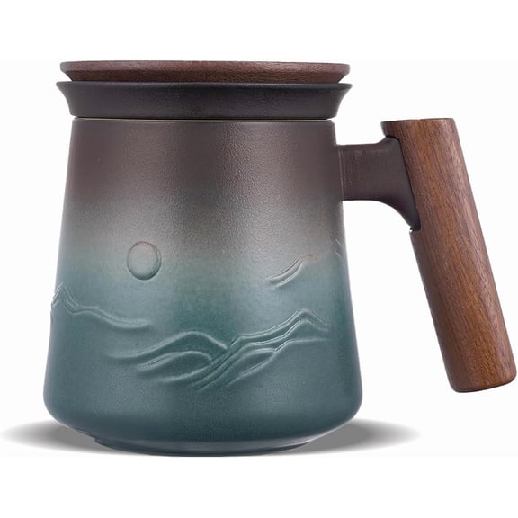 Embossed Ceramic Tea Mug with Infuser and Lid, 14.5 oz Wooden Handle, Loose Leaf Tea Steeper Cup & Strainer for Tea Lovers Gifts