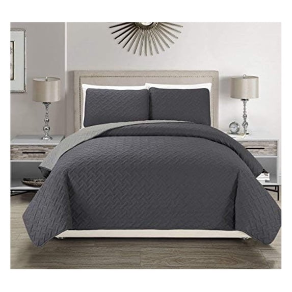 Embossed Charcoal Reversible Bedspread/Quilt Set Queen