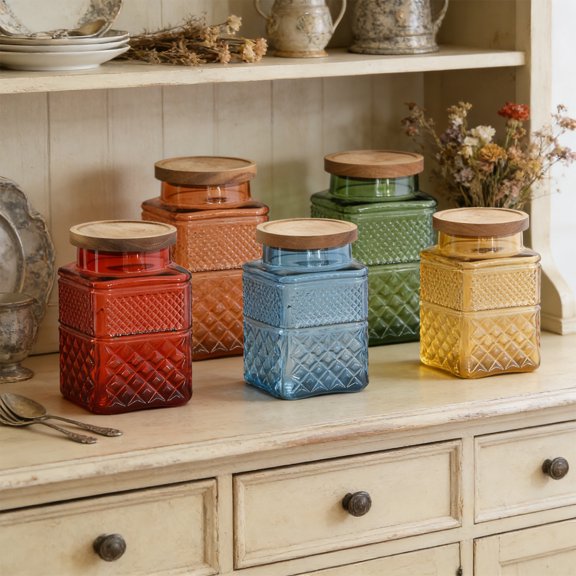 Embossed Colored Glass Sealed Jar, Square Kitchen Storage Container for Easter Decor, Snacks and Pantry Items, Airtight Lid Preserves Freshness, Decorative Glass Jar for Countertops, 7*5*4in, Yellow