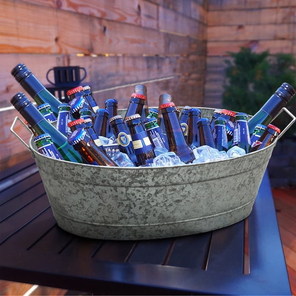 Embossed Design Oval Shape Galvanized Steel Tub with Side Handles Large Silver - Saltoro Sherpi