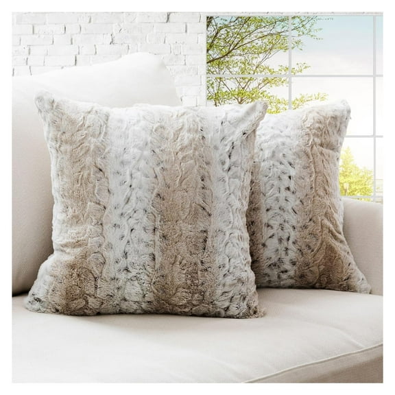 Embossed Faux Fur Throw Pillows - Set of 2 Lumbar Couch Pillows, 18" x 18" - Snow Leopard 18 x 18