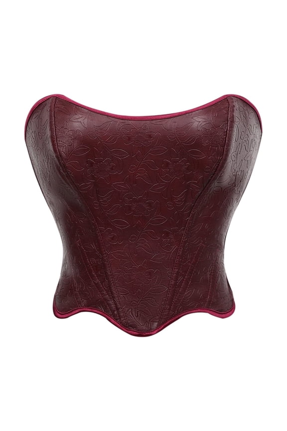Embossed Faux Leather Corset, Women's Strapless Underbust Waist Cincher with Floral Pattern & Steel Boning, Steampunk Halloween Costume Layering Top, 1 PC Wine XS